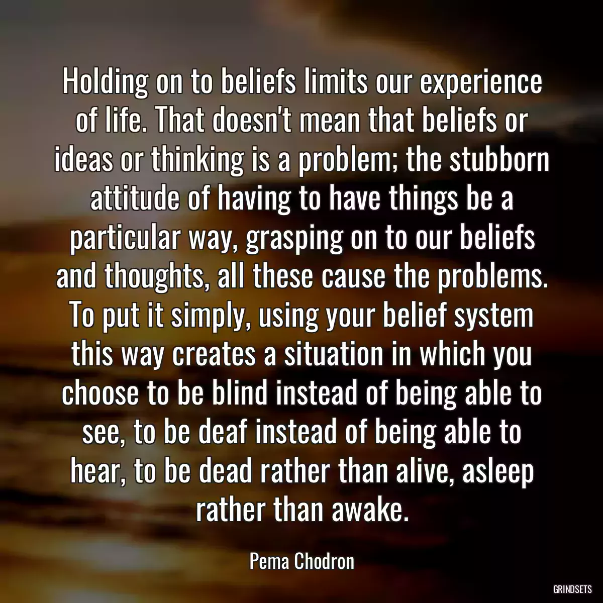 Holding on to beliefs limits our experience of life. That doesn\'t mean that beliefs or ideas or thinking is a problem; the stubborn attitude of having to have things be a particular way, grasping on to our beliefs and thoughts, all these cause the problems. To put it simply, using your belief system this way creates a situation in which you choose to be blind instead of being able to see, to be deaf instead of being able to hear, to be dead rather than alive, asleep rather than awake.