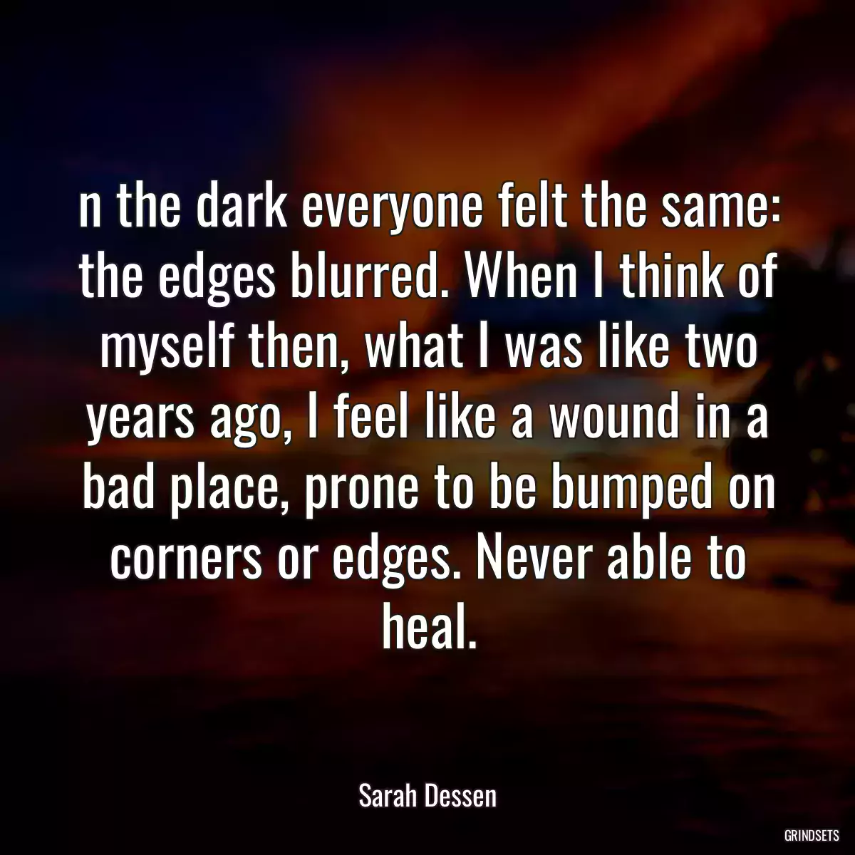 n the dark everyone felt the same: the edges blurred. When I think of myself then, what I was like two years ago, I feel like a wound in a bad place, prone to be bumped on corners or edges. Never able to heal.