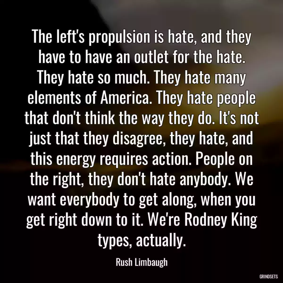 The left\'s propulsion is hate, and they have to have an outlet for the hate. They hate so much. They hate many elements of America. They hate people that don\'t think the way they do. It\'s not just that they disagree, they hate, and this energy requires action. People on the right, they don\'t hate anybody. We want everybody to get along, when you get right down to it. We\'re Rodney King types, actually.