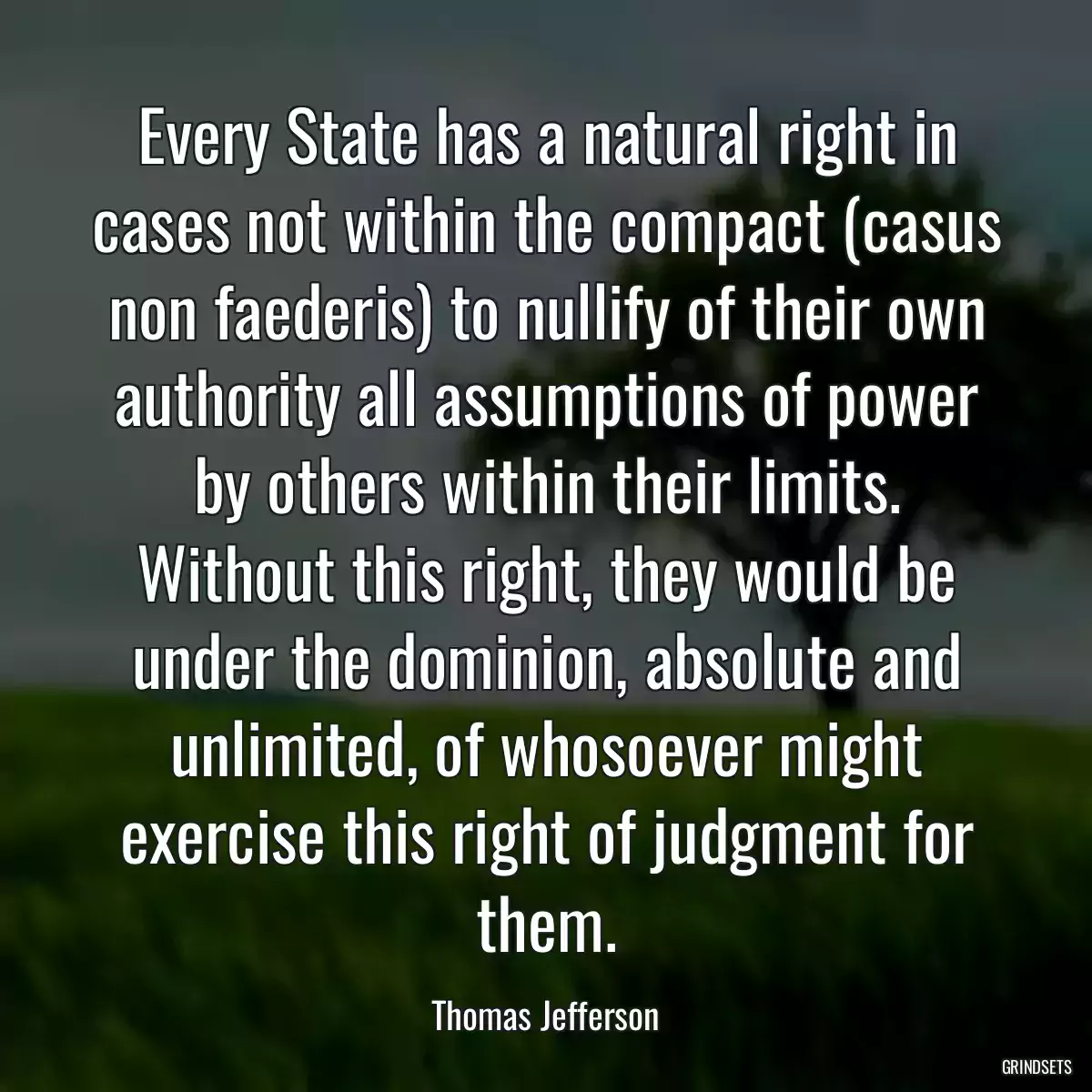 Every State has a natural right in cases not within the compact (casus non faederis) to nullify of their own authority all assumptions of power by others within their limits. Without this right, they would be under the dominion, absolute and unlimited, of whosoever might exercise this right of judgment for them.