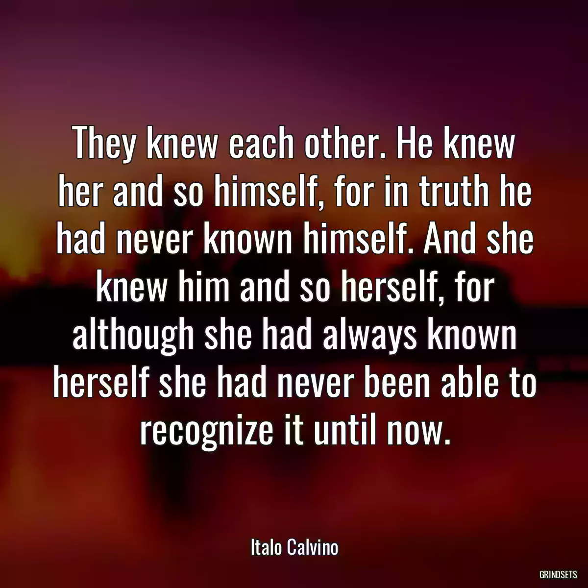 They knew each other. He knew her and so himself, for in truth he had never known himself. And she knew him and so herself, for although she had always known herself she had never been able to recognize it until now.