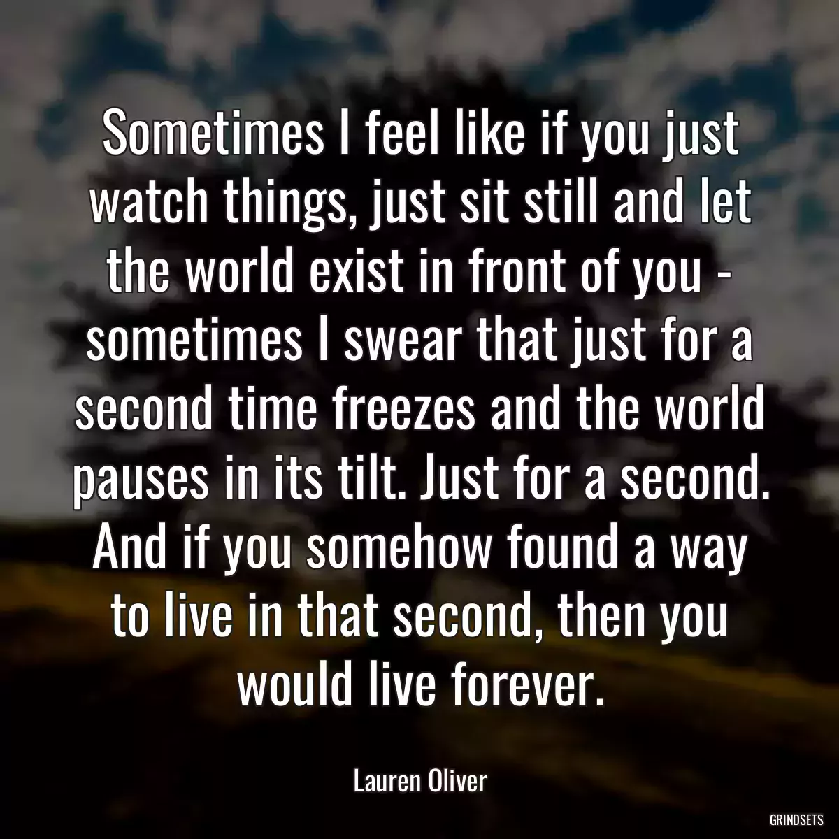 Sometimes I feel like if you just watch things, just sit still and let the world exist in front of you - sometimes I swear that just for a second time freezes and the world pauses in its tilt. Just for a second. And if you somehow found a way to live in that second, then you would live forever.