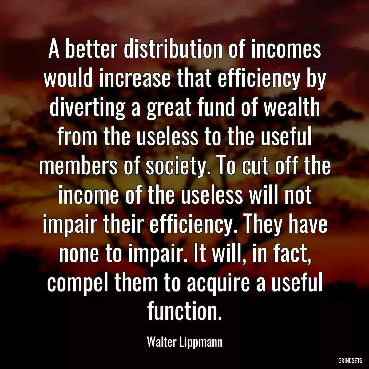 A better distribution of incomes would increase that efficiency by diverting a great fund of wealth from the useless to the useful members of society. To cut off the income of the useless will not impair their efficiency. They have none to impair. It will, in fact, compel them to acquire a useful function.