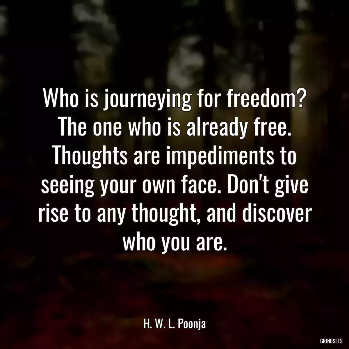 Who is journeying for freedom? The one who is already free. Thoughts are impediments to seeing your own face. Don\'t give rise to any thought, and discover who you are.