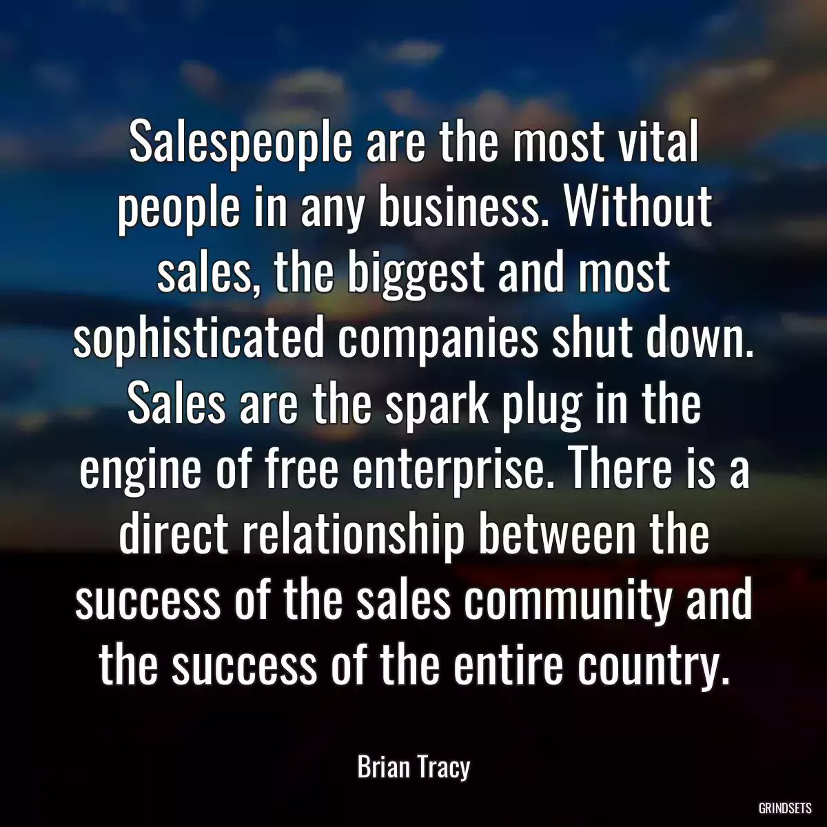 Salespeople are the most vital people in any business. Without sales, the biggest and most sophisticated companies shut down. Sales are the spark plug in the engine of free enterprise. There is a direct relationship between the success of the sales community and the success of the entire country.