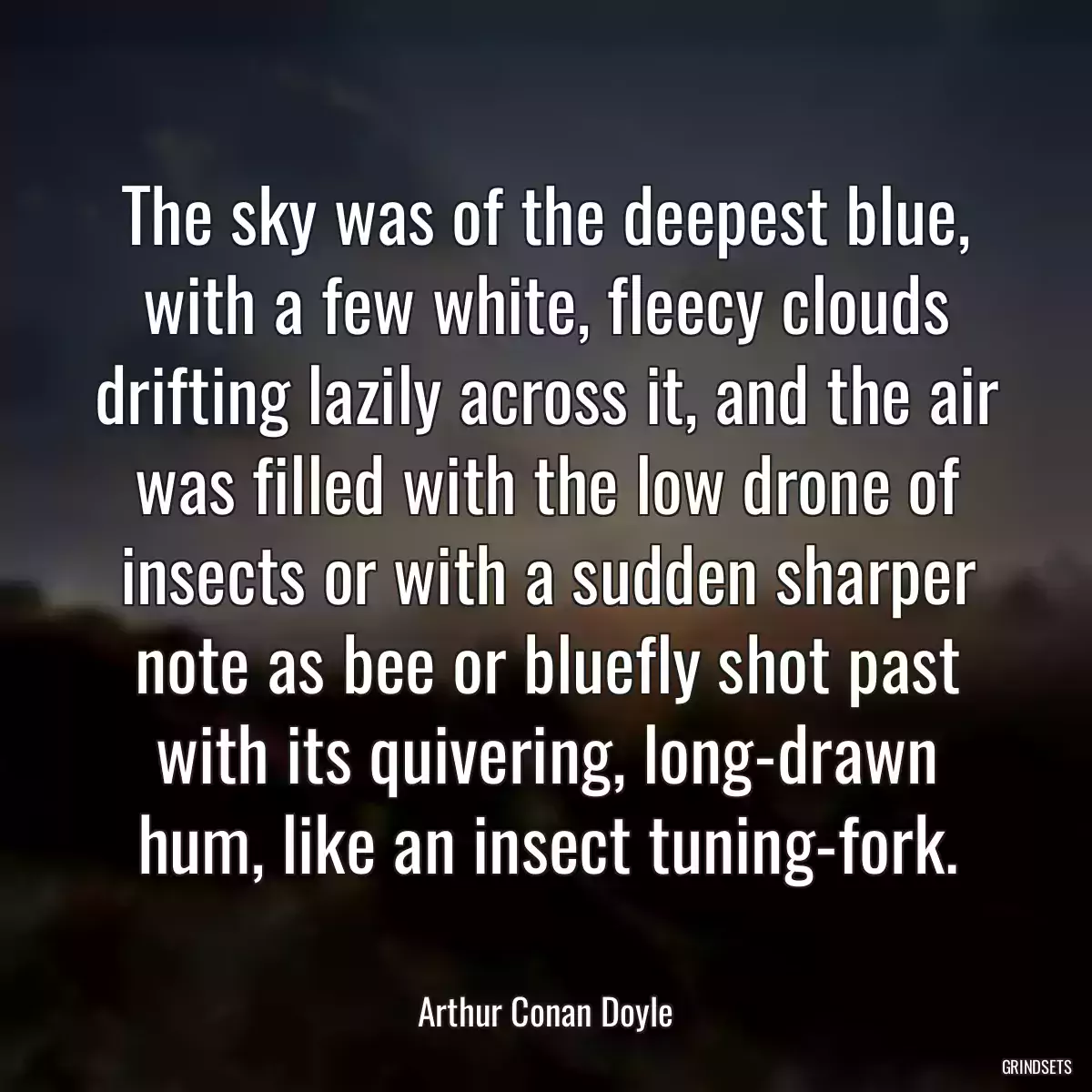 The sky was of the deepest blue, with a few white, fleecy clouds drifting lazily across it, and the air was filled with the low drone of insects or with a sudden sharper note as bee or bluefly shot past with its quivering, long-drawn hum, like an insect tuning-fork.