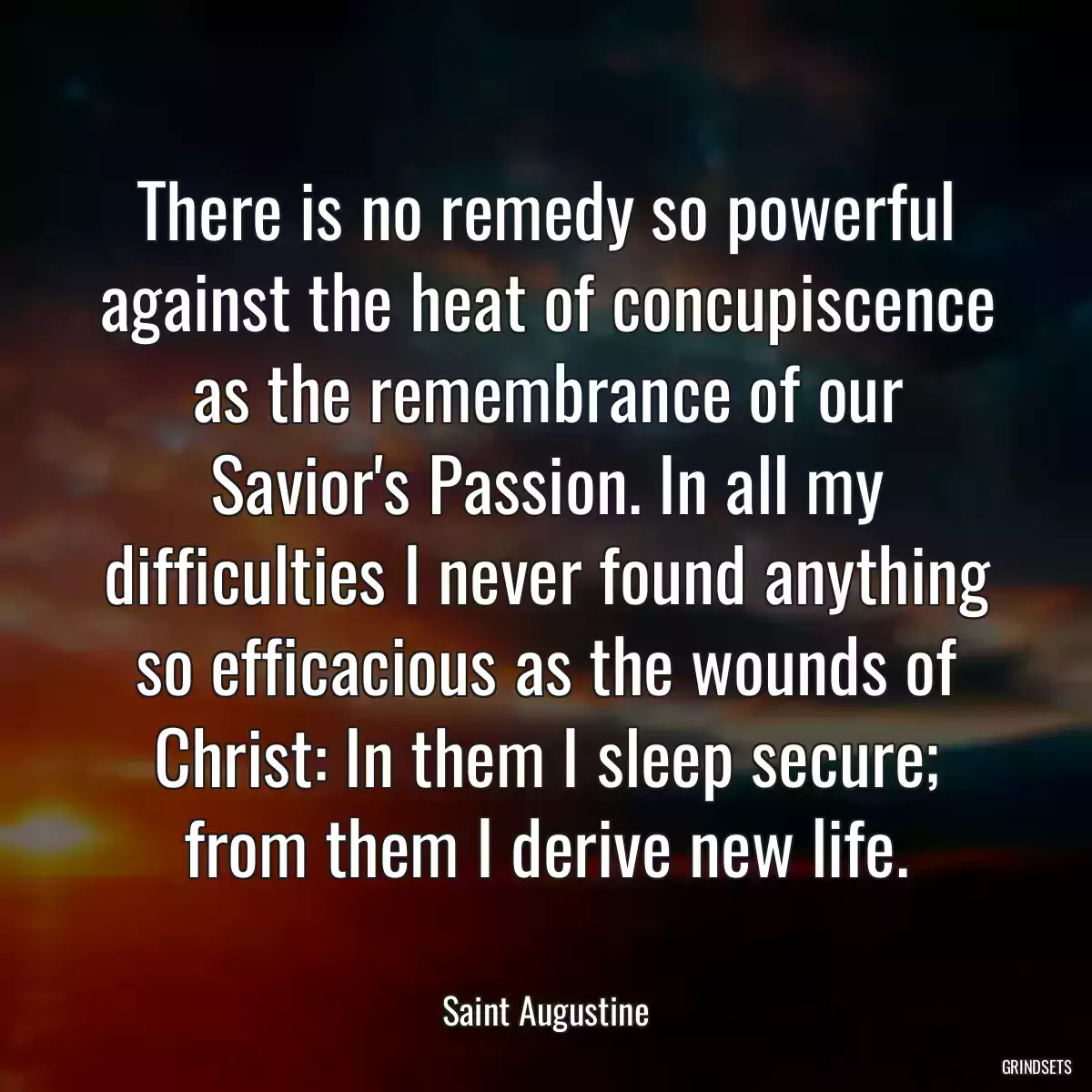 There is no remedy so powerful against the heat of concupiscence as the remembrance of our Savior\'s Passion. In all my difficulties I never found anything so efficacious as the wounds of Christ: In them I sleep secure; from them I derive new life.