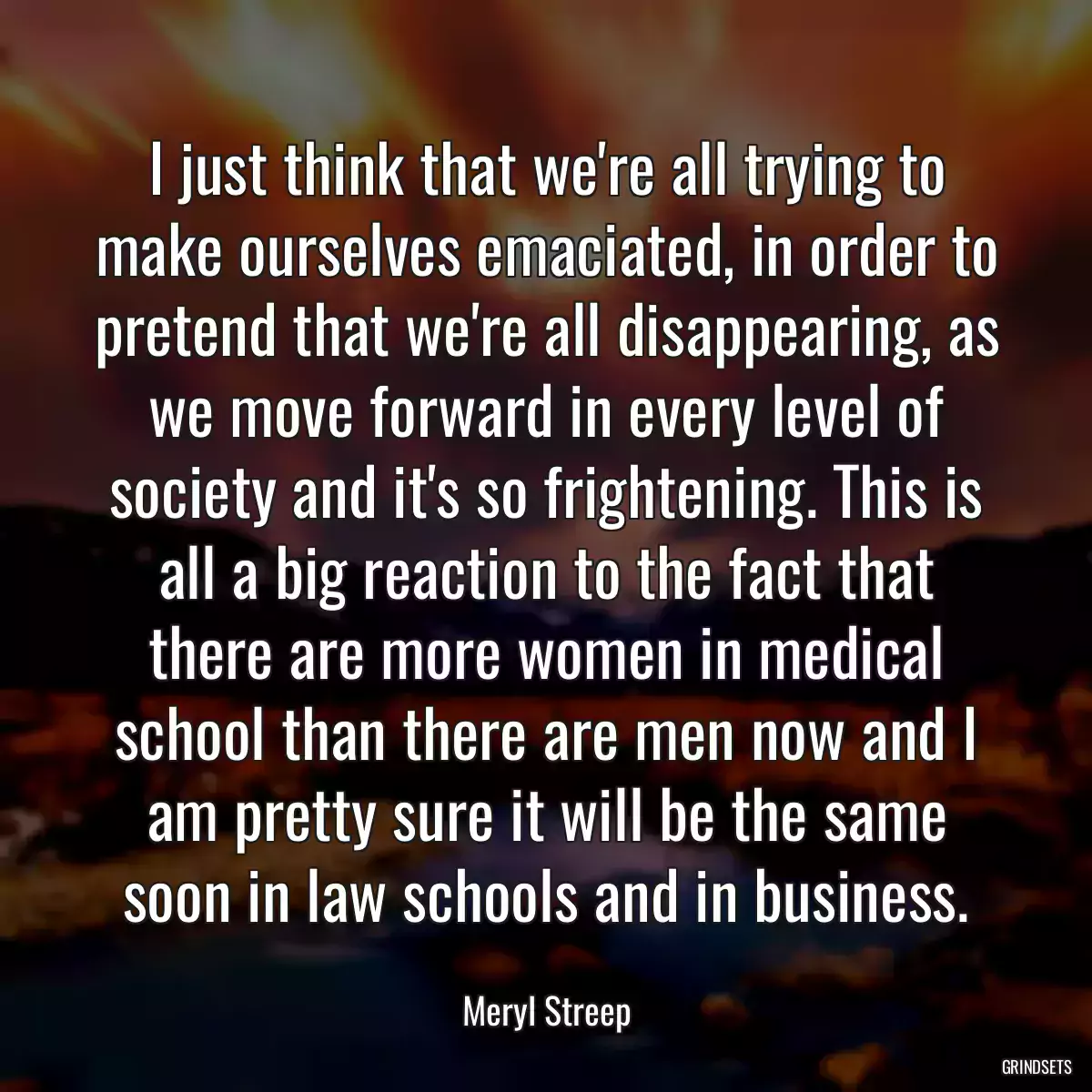 I just think that we\'re all trying to make ourselves emaciated, in order to pretend that we\'re all disappearing, as we move forward in every level of society and it\'s so frightening. This is all a big reaction to the fact that there are more women in medical school than there are men now and I am pretty sure it will be the same soon in law schools and in business.