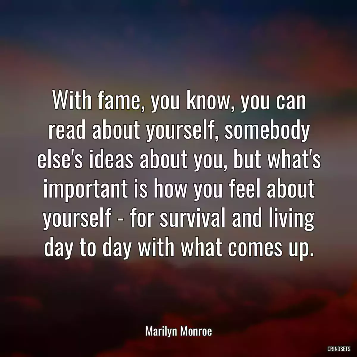 With fame, you know, you can read about yourself, somebody else\'s ideas about you, but what\'s important is how you feel about yourself - for survival and living day to day with what comes up.