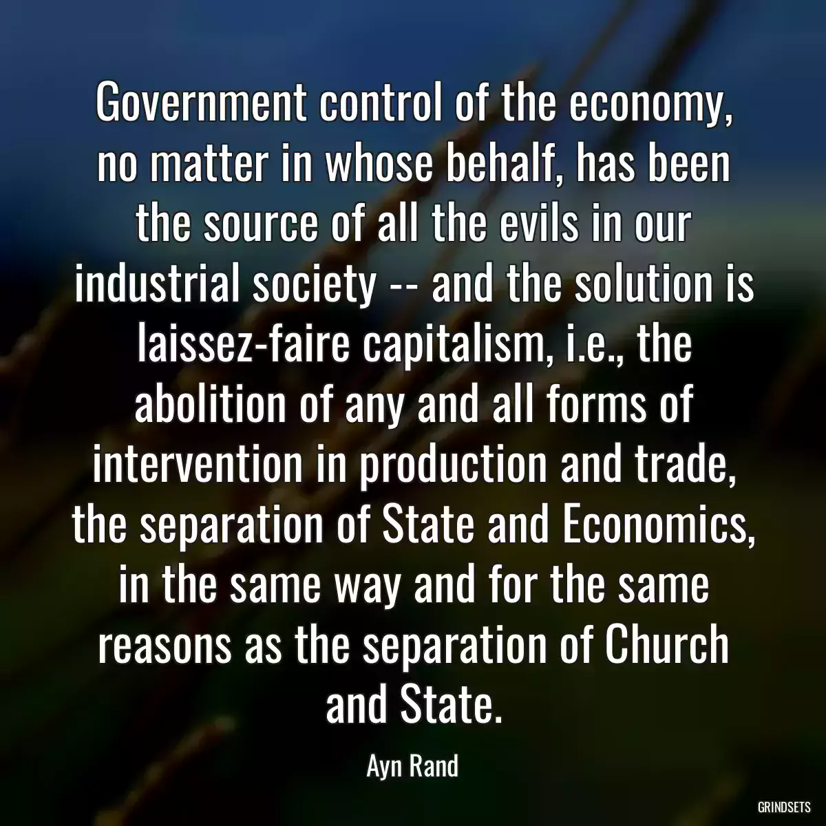 Government control of the economy, no matter in whose behalf, has been the source of all the evils in our industrial society -- and the solution is laissez-faire capitalism, i.e., the abolition of any and all forms of intervention in production and trade, the separation of State and Economics, in the same way and for the same reasons as the separation of Church and State.