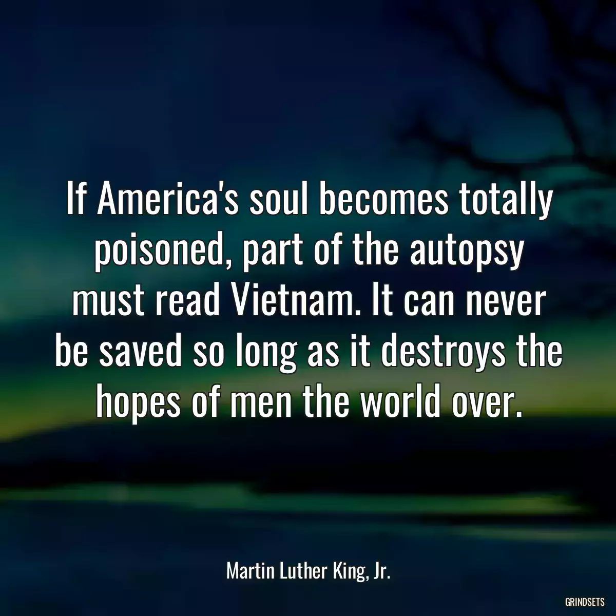 If America\'s soul becomes totally poisoned, part of the autopsy must read Vietnam. It can never be saved so long as it destroys the hopes of men the world over.