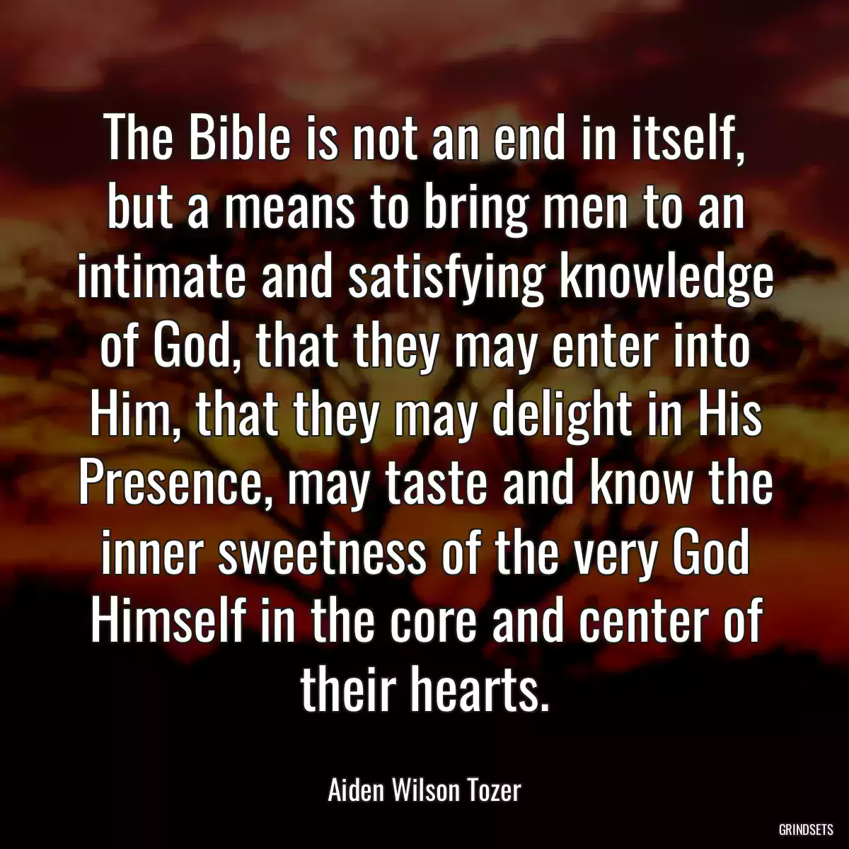 The Bible is not an end in itself, but a means to bring men to an intimate and satisfying knowledge of God, that they may enter into Him, that they may delight in His Presence, may taste and know the inner sweetness of the very God Himself in the core and center of their hearts.