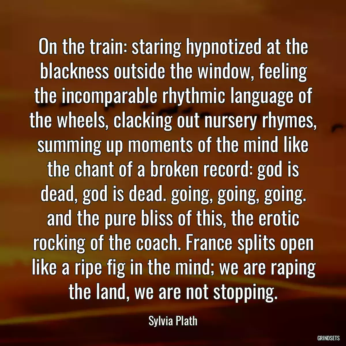 On the train: staring hypnotized at the blackness outside the window, feeling the incomparable rhythmic language of the wheels, clacking out nursery rhymes, summing up moments of the mind like the chant of a broken record: god is dead, god is dead. going, going, going. and the pure bliss of this, the erotic rocking of the coach. France splits open like a ripe fig in the mind; we are raping the land, we are not stopping.