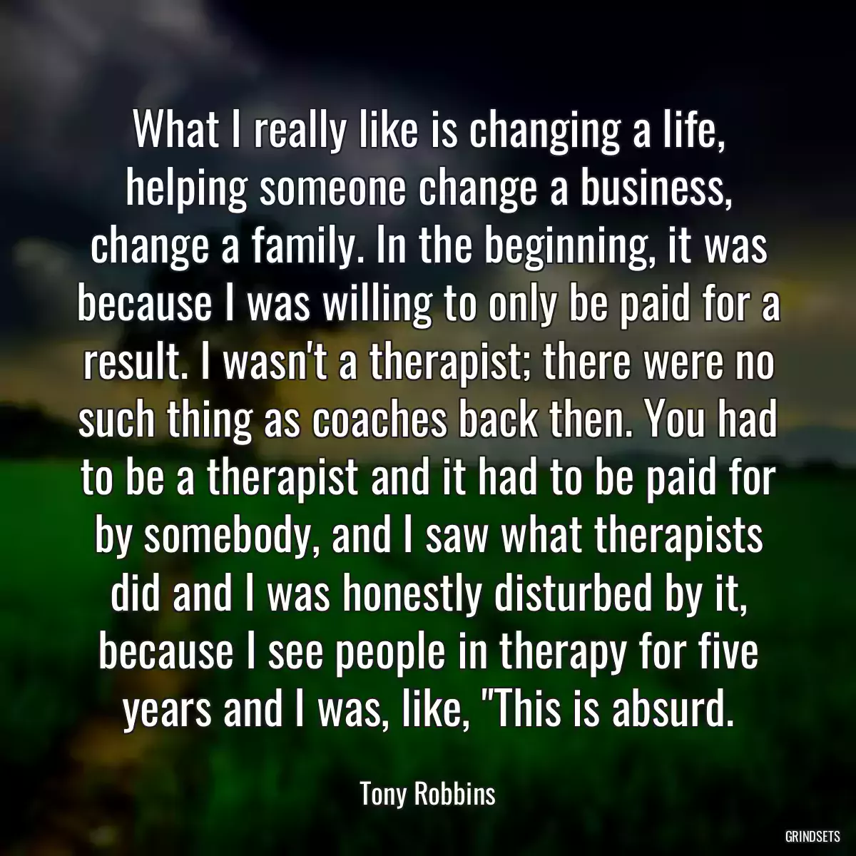 What I really like is changing a life, helping someone change a business, change a family. In the beginning, it was because I was willing to only be paid for a result. I wasn\'t a therapist; there were no such thing as coaches back then. You had to be a therapist and it had to be paid for by somebody, and I saw what therapists did and I was honestly disturbed by it, because I see people in therapy for five years and I was, like, \