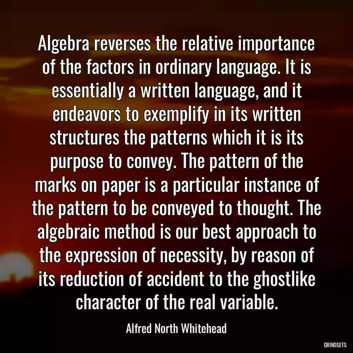 Algebra reverses the relative importance of the factors in ordinary language. It is essentially a written language, and it endeavors to exemplify in its written structures the patterns which it is its purpose to convey. The pattern of the marks on paper is a particular instance of the pattern to be conveyed to thought. The algebraic method is our best approach to the expression of necessity, by reason of its reduction of accident to the ghostlike character of the real variable.