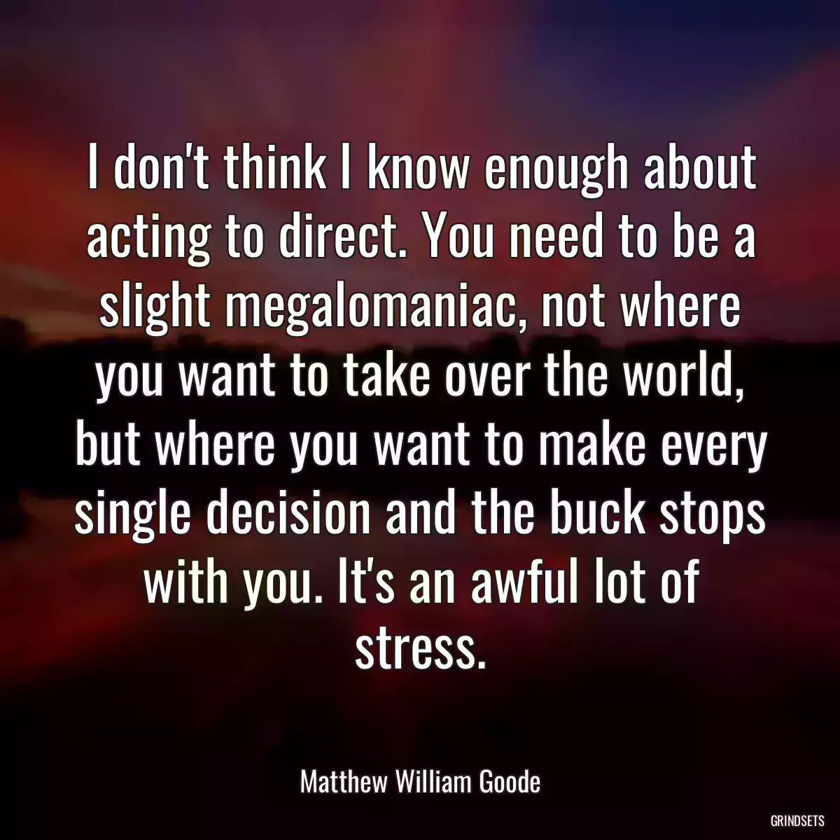 I don\'t think I know enough about acting to direct. You need to be a slight megalomaniac, not where you want to take over the world, but where you want to make every single decision and the buck stops with you. It\'s an awful lot of stress.