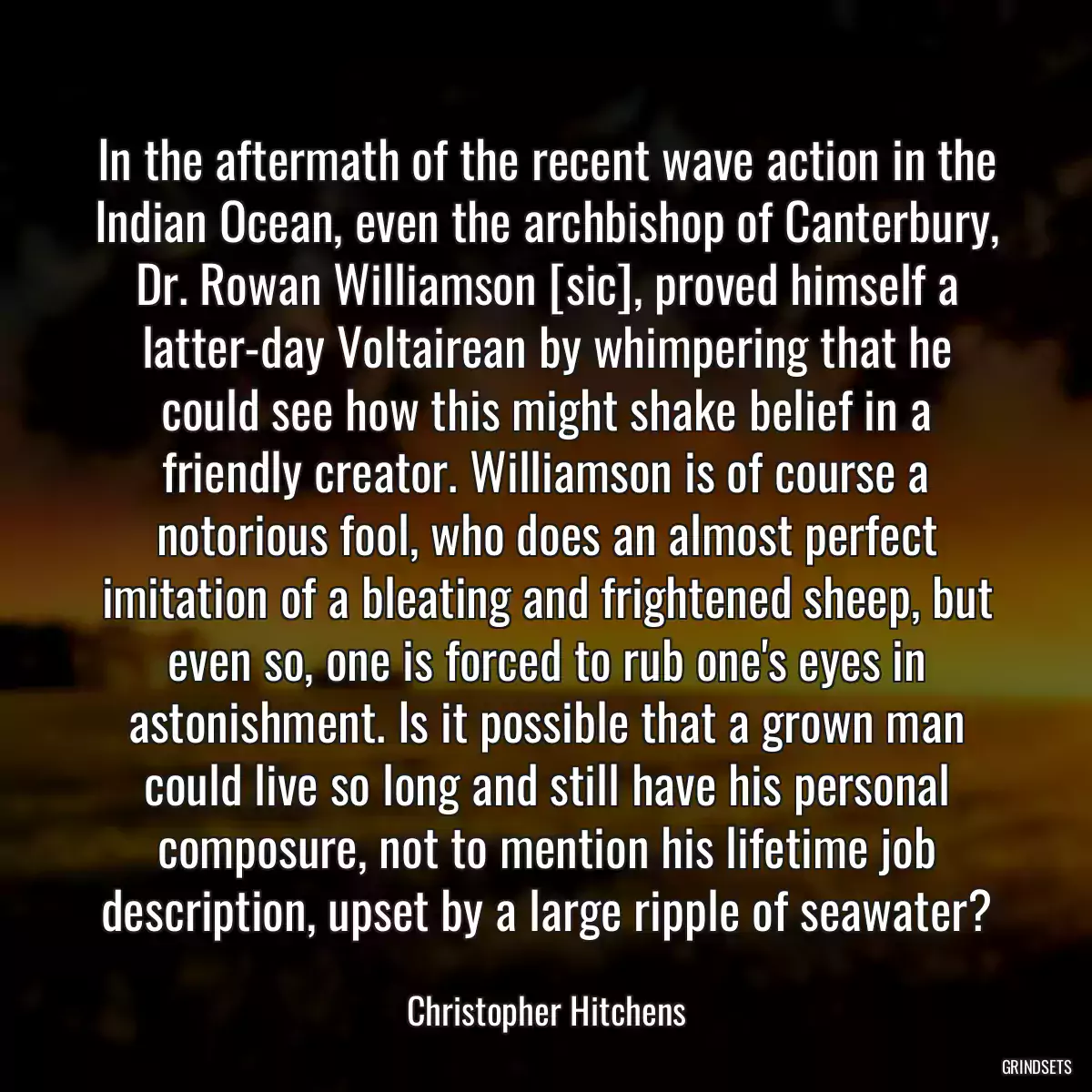 In the aftermath of the recent wave action in the Indian Ocean, even the archbishop of Canterbury, Dr. Rowan Williamson [sic], proved himself a latter-day Voltairean by whimpering that he could see how this might shake belief in a friendly creator. Williamson is of course a notorious fool, who does an almost perfect imitation of a bleating and frightened sheep, but even so, one is forced to rub one\'s eyes in astonishment. Is it possible that a grown man could live so long and still have his personal composure, not to mention his lifetime job description, upset by a large ripple of seawater?