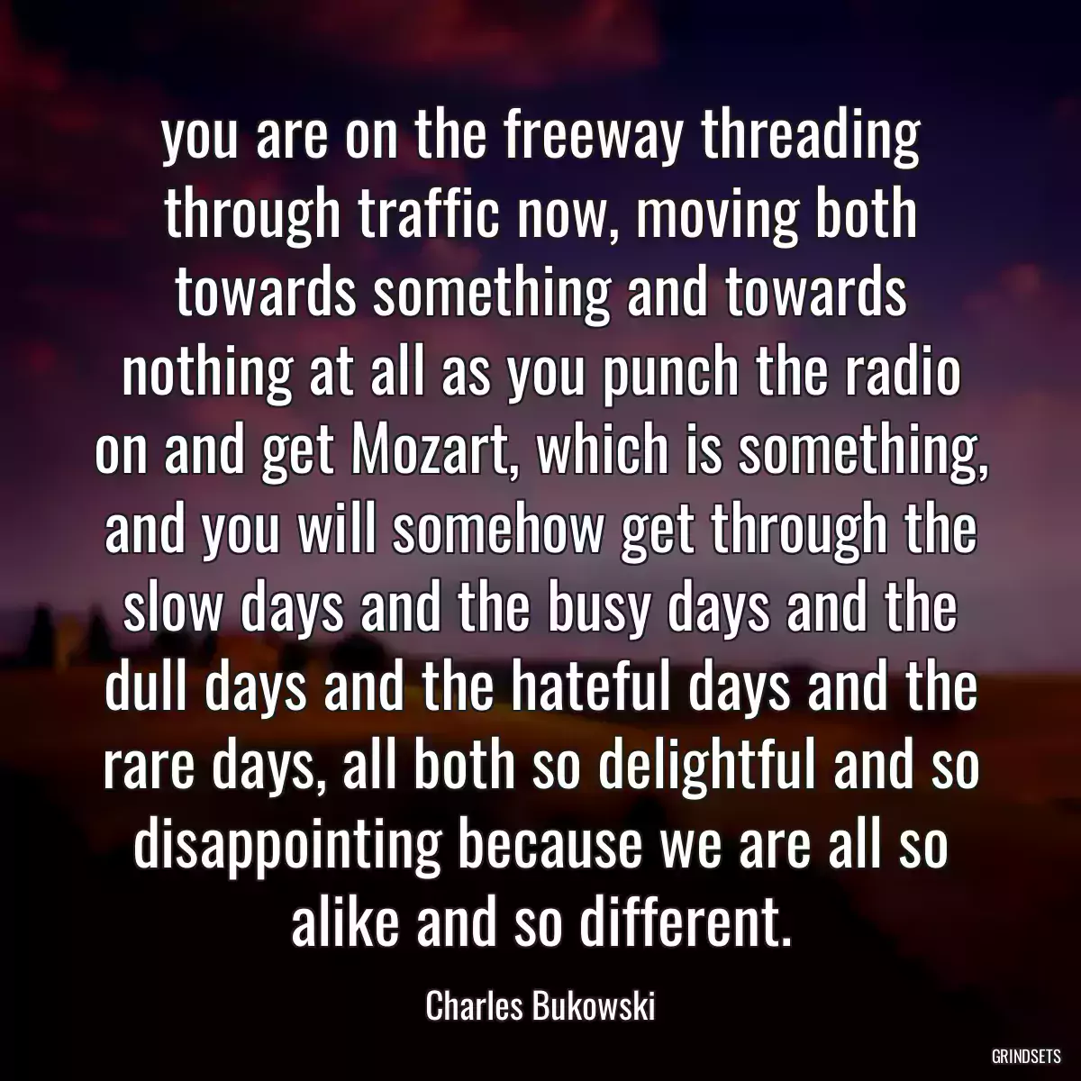 you are on the freeway threading through traffic now, moving both towards something and towards nothing at all as you punch the radio on and get Mozart, which is something, and you will somehow get through the slow days and the busy days and the dull days and the hateful days and the rare days, all both so delightful and so disappointing because we are all so alike and so different.