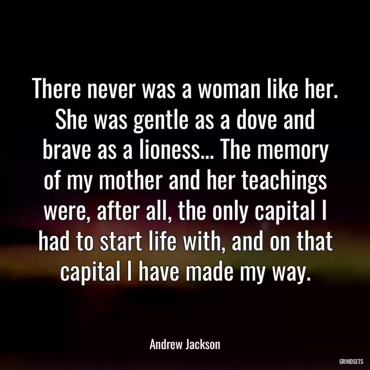 There never was a woman like her. She was gentle as a dove and brave as a lioness... The memory of my mother and her teachings were, after all, the only capital I had to start life with, and on that capital I have made my way.