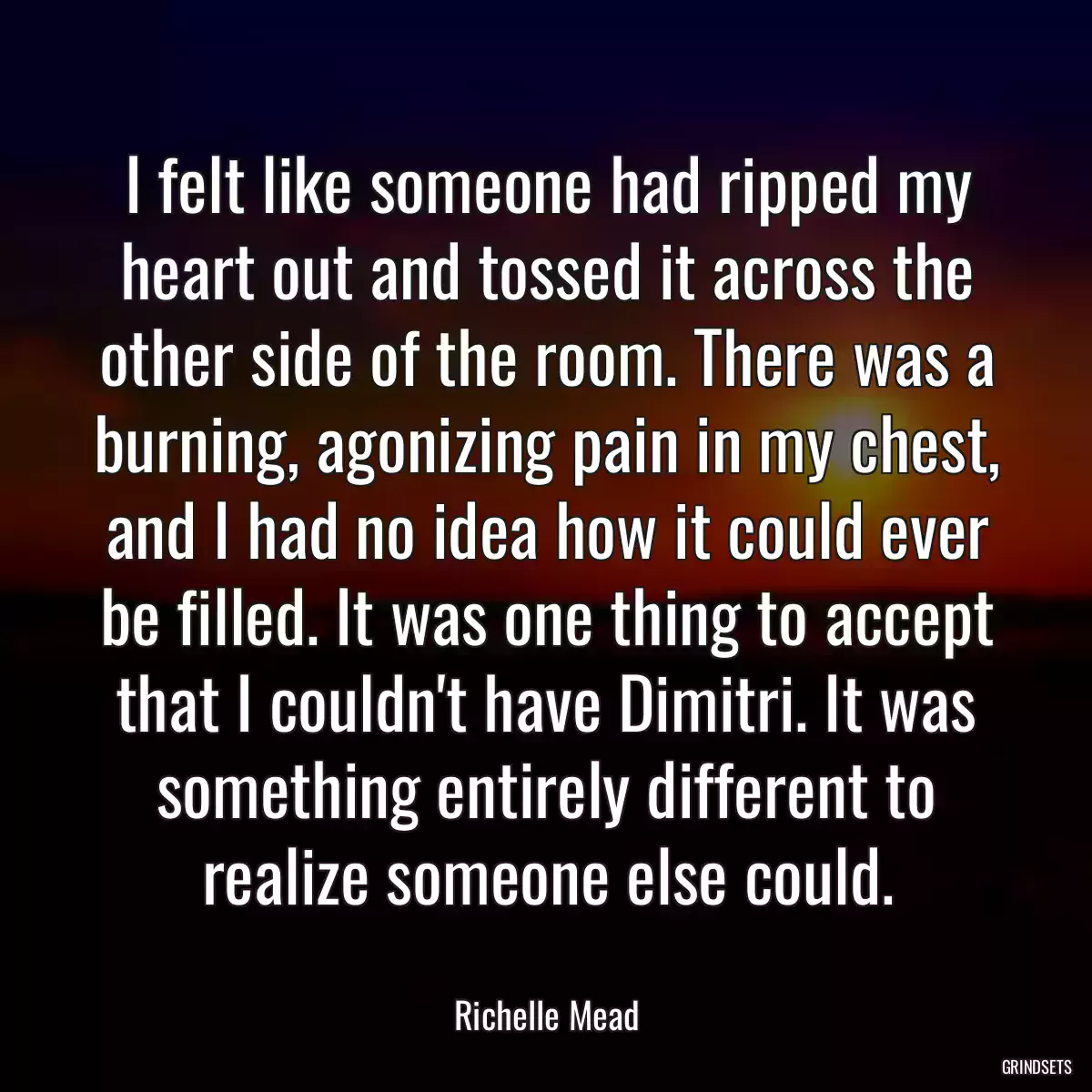 I felt like someone had ripped my heart out and tossed it across the other side of the room. There was a burning, agonizing pain in my chest, and I had no idea how it could ever be filled. It was one thing to accept that I couldn\'t have Dimitri. It was something entirely different to realize someone else could.