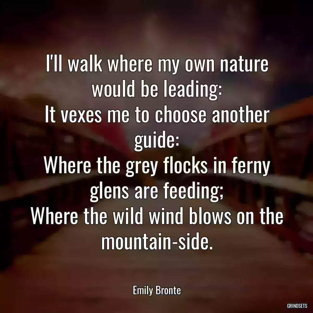 I\'ll walk where my own nature would be leading:
It vexes me to choose another guide:
Where the grey flocks in ferny glens are feeding;
Where the wild wind blows on the mountain-side.