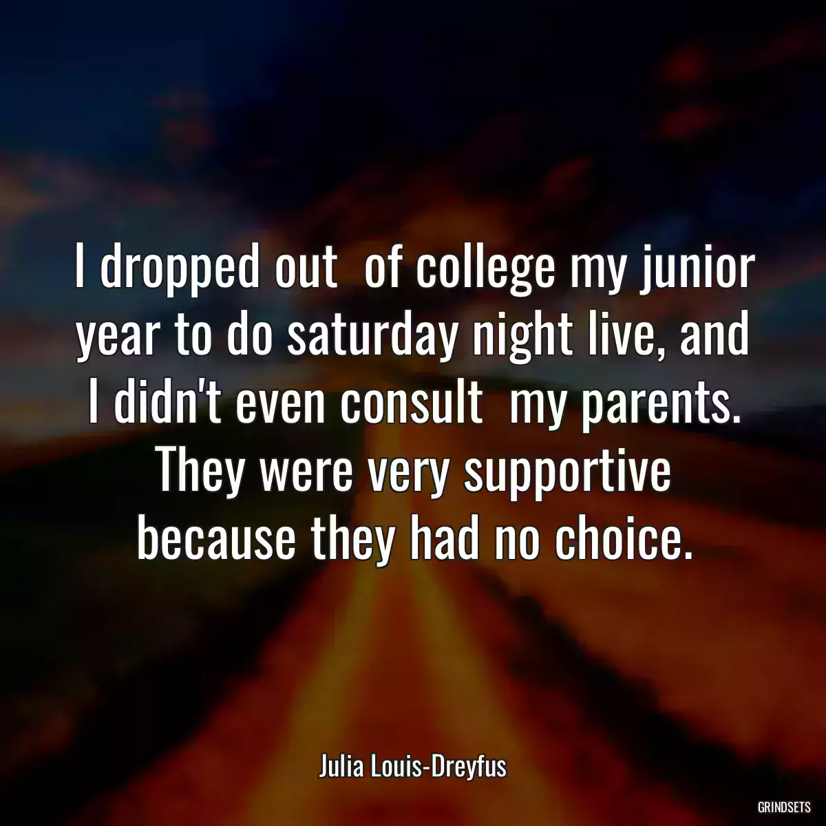 I dropped out  of college my junior year to do saturday night live, and I didn\'t even consult  my parents. They were very supportive because they had no choice.