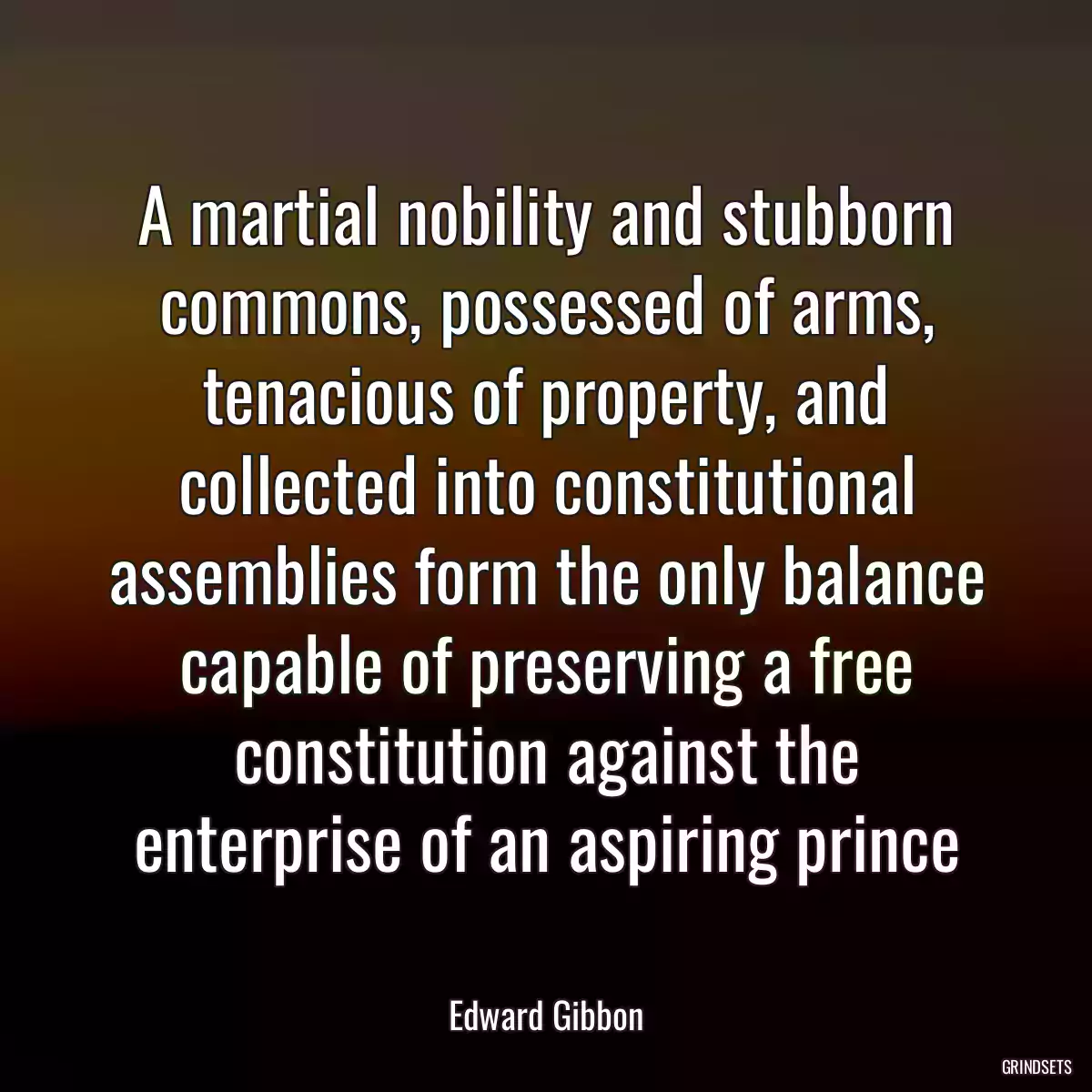 A martial nobility and stubborn commons, possessed of arms, tenacious of property, and collected into constitutional assemblies form the only balance capable of preserving a free constitution against the enterprise of an aspiring prince