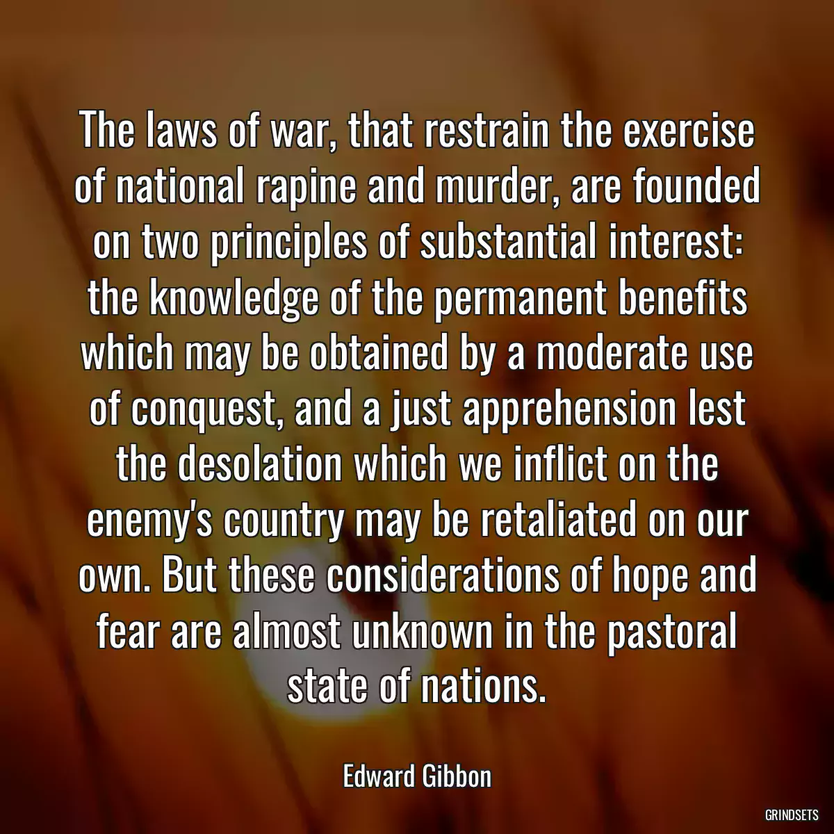 The laws of war, that restrain the exercise of national rapine and murder, are founded on two principles of substantial interest: the knowledge of the permanent benefits which may be obtained by a moderate use of conquest, and a just apprehension lest the desolation which we inflict on the enemy\'s country may be retaliated on our own. But these considerations of hope and fear are almost unknown in the pastoral state of nations.