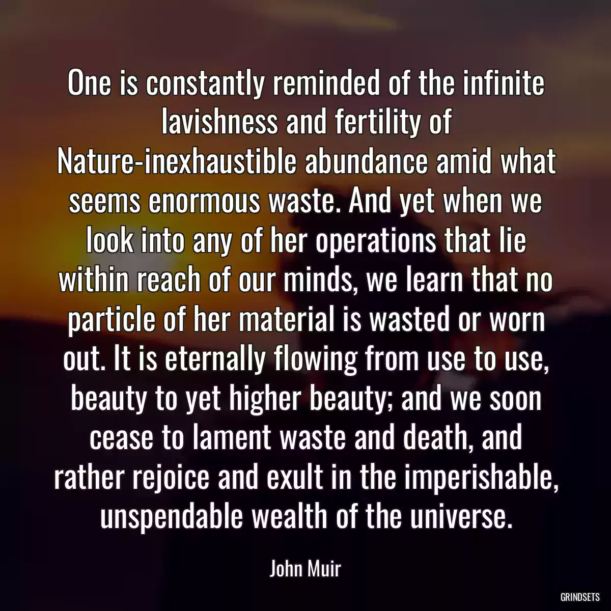 One is constantly reminded of the infinite lavishness and fertility of Nature-inexhaustible abundance amid what seems enormous waste. And yet when we look into any of her operations that lie within reach of our minds, we learn that no particle of her material is wasted or worn out. It is eternally flowing from use to use, beauty to yet higher beauty; and we soon cease to lament waste and death, and rather rejoice and exult in the imperishable, unspendable wealth of the universe.