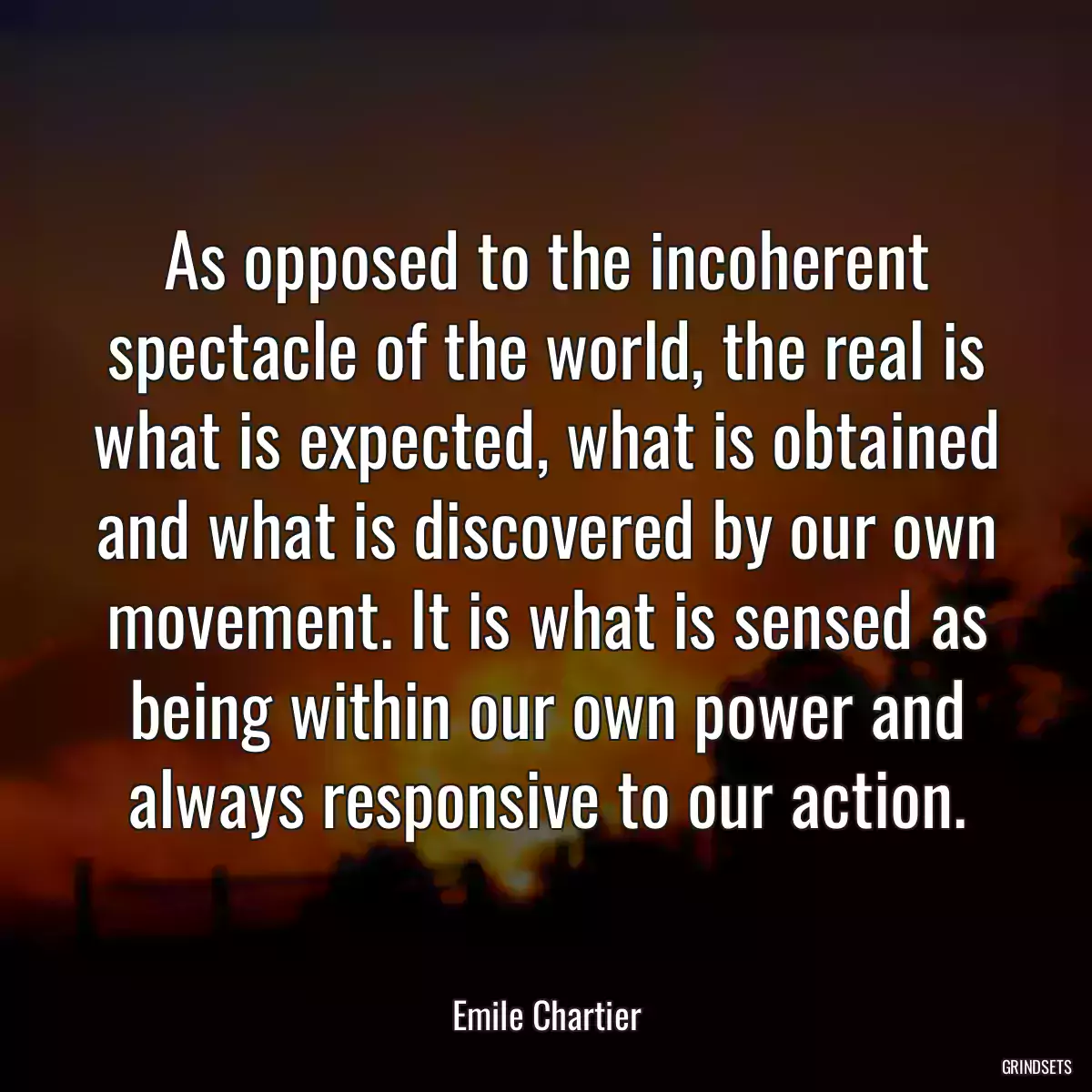 As opposed to the incoherent spectacle of the world, the real is what is expected, what is obtained and what is discovered by our own movement. It is what is sensed as being within our own power and always responsive to our action.