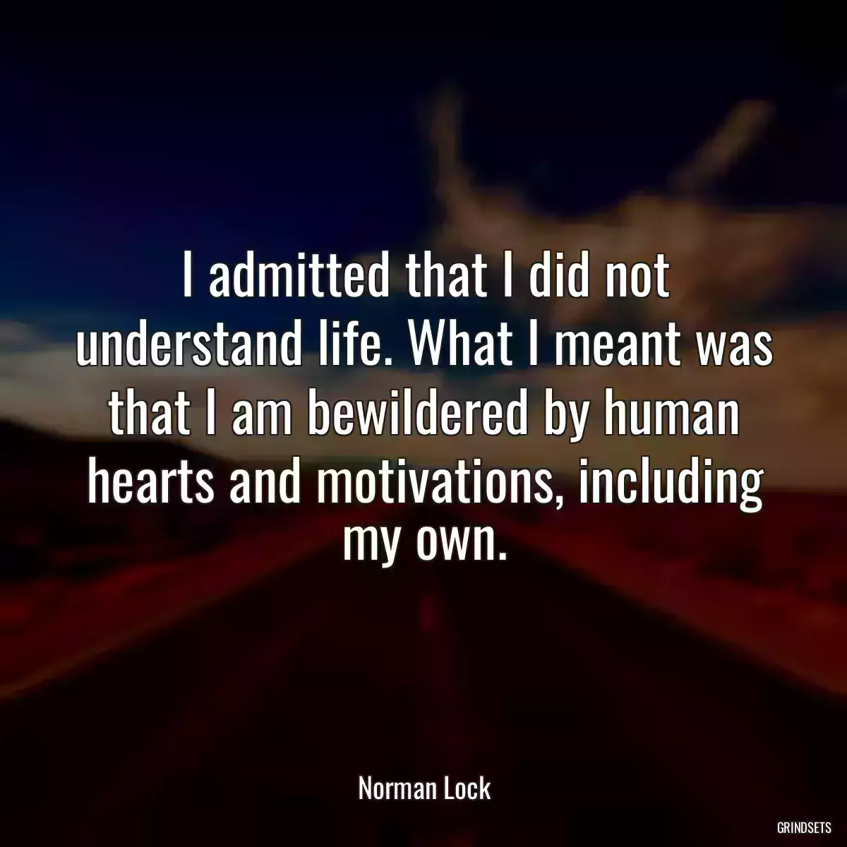 I admitted that I did not understand life. What I meant was that I am bewildered by human hearts and motivations, including my own.