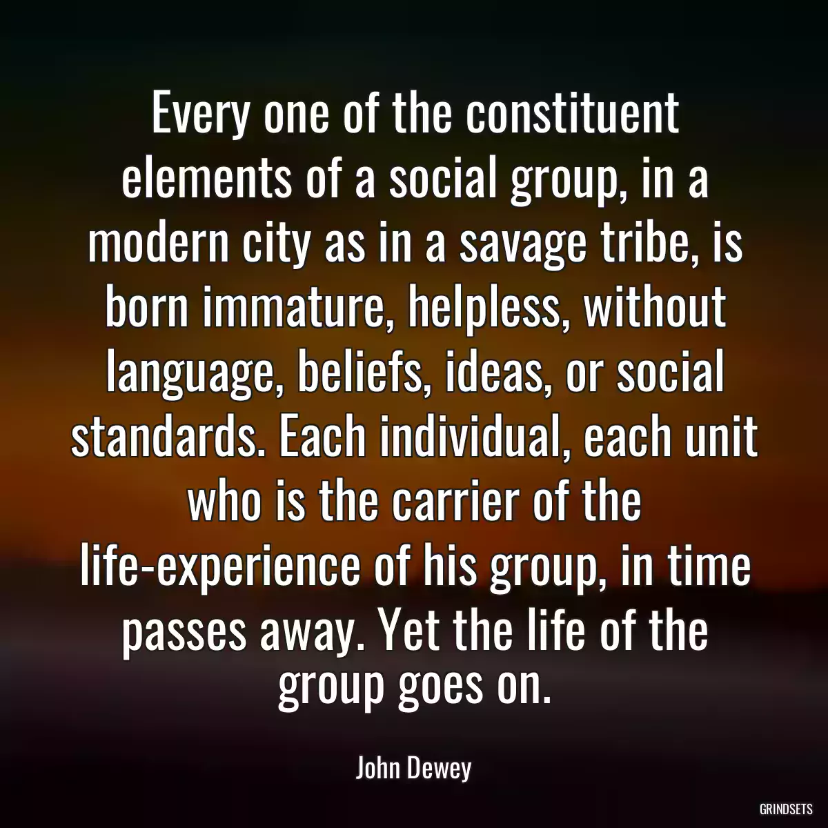 Every one of the constituent elements of a social group, in a modern city as in a savage tribe, is born immature, helpless, without language, beliefs, ideas, or social standards. Each individual, each unit who is the carrier of the life-experience of his group, in time passes away. Yet the life of the group goes on.