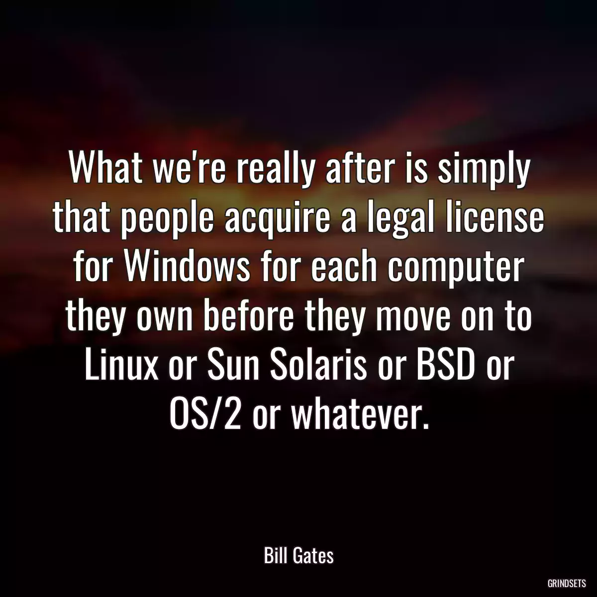 What we\'re really after is simply that people acquire a legal license for Windows for each computer they own before they move on to Linux or Sun Solaris or BSD or OS/2 or whatever.