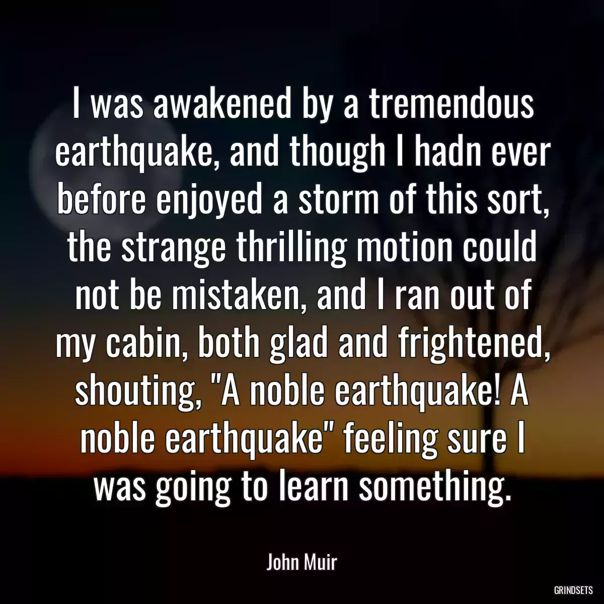 I was awakened by a tremendous earthquake, and though I hadn ever before enjoyed a storm of this sort, the strange thrilling motion could not be mistaken, and I ran out of my cabin, both glad and frightened, shouting, \