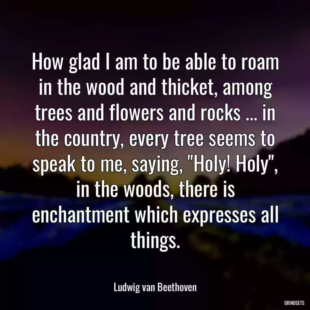 How glad I am to be able to roam in the wood and thicket, among trees and flowers and rocks ... in the country, every tree seems to speak to me, saying, \