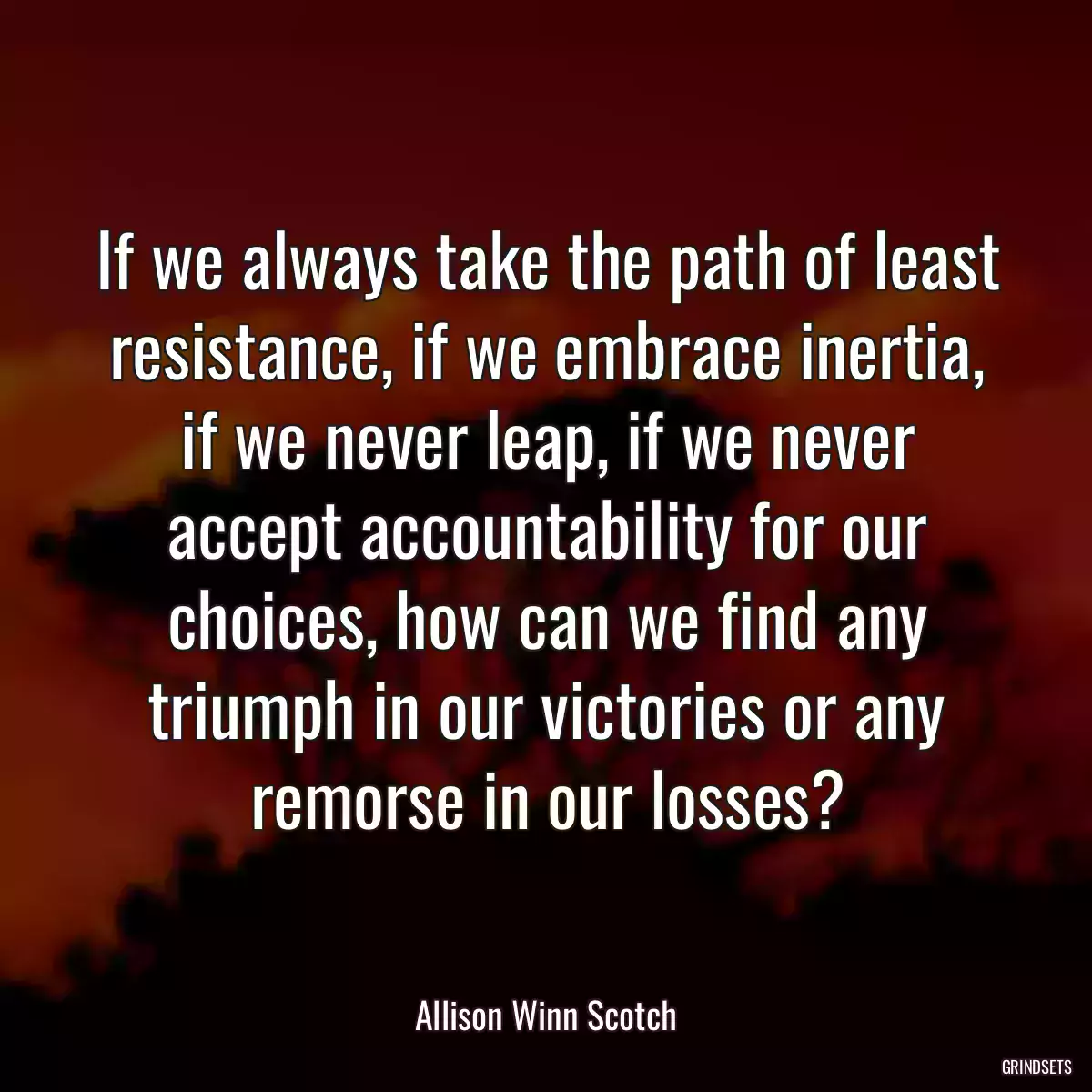 If we always take the path of least resistance, if we embrace inertia, if we never leap, if we never accept accountability for our choices, how can we find any triumph in our victories or any remorse in our losses?