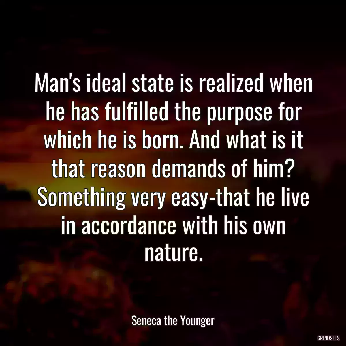 Man\'s ideal state is realized when he has fulfilled the purpose for which he is born. And what is it that reason demands of him? Something very easy-that he live in accordance with his own nature.