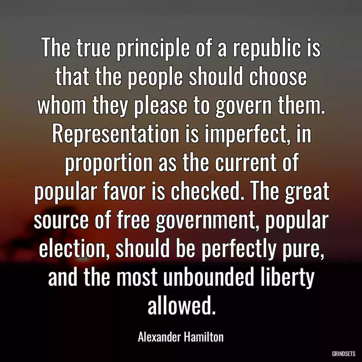 The true principle of a republic is that the people should choose whom they please to govern them. Representation is imperfect, in proportion as the current of popular favor is checked. The great source of free government, popular election, should be perfectly pure, and the most unbounded liberty allowed.