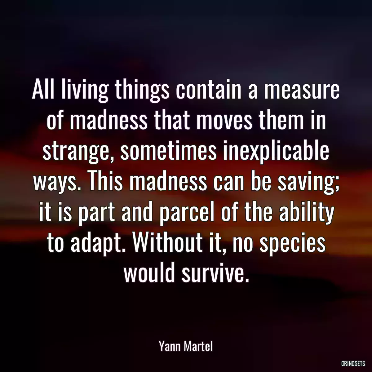 All living things contain a measure of madness that moves them in strange, sometimes inexplicable ways. This madness can be saving; it is part and parcel of the ability to adapt. Without it, no species would survive.