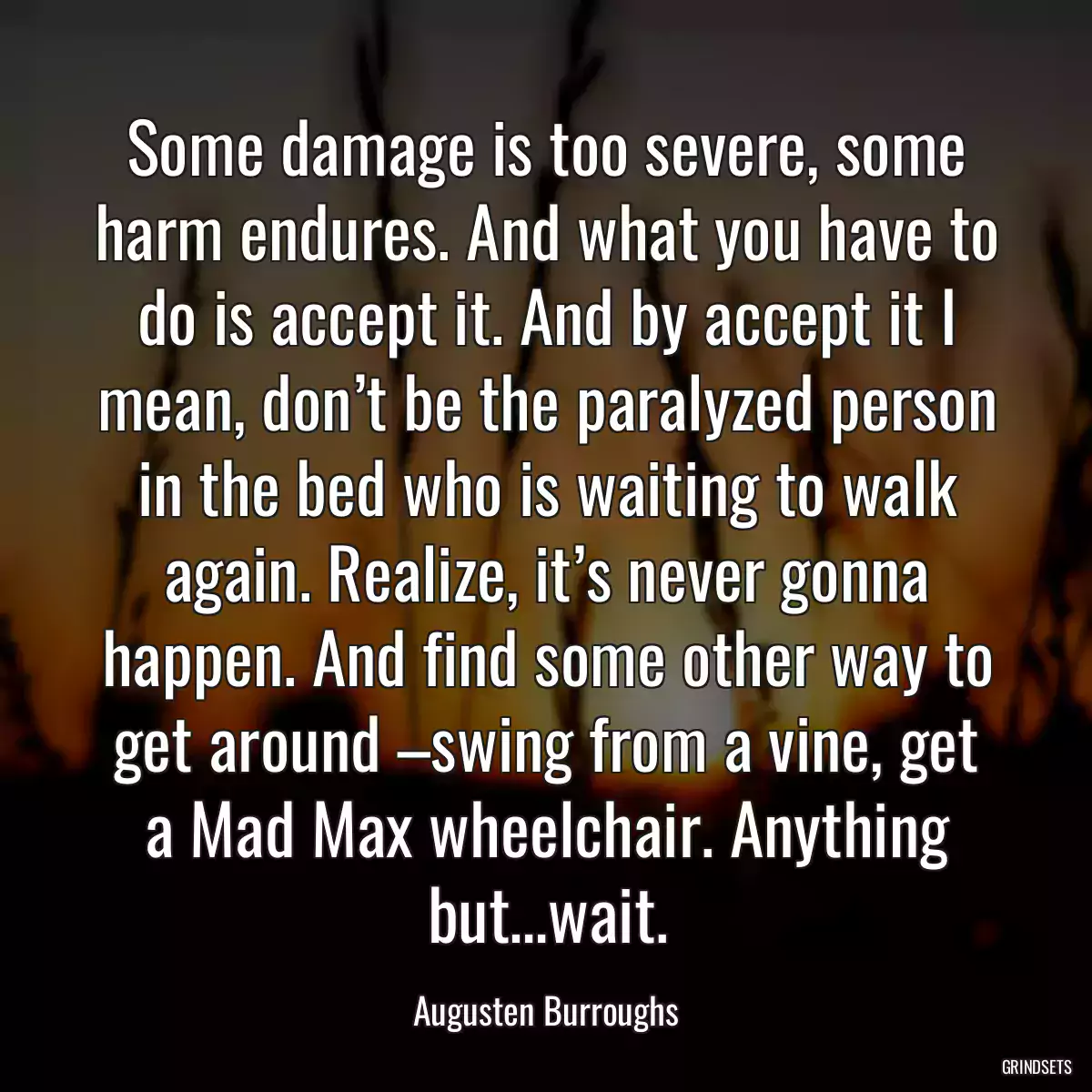 Some damage is too severe, some harm endures. And what you have to do is accept it. And by accept it I mean, don’t be the paralyzed person in the bed who is waiting to walk again. Realize, it’s never gonna happen. And find some other way to get around –swing from a vine, get a Mad Max wheelchair. Anything but…wait.