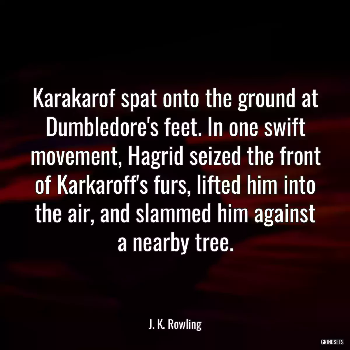 Karakarof spat onto the ground at Dumbledore\'s feet. In one swift movement, Hagrid seized the front of Karkaroff\'s furs, lifted him into the air, and slammed him against a nearby tree.