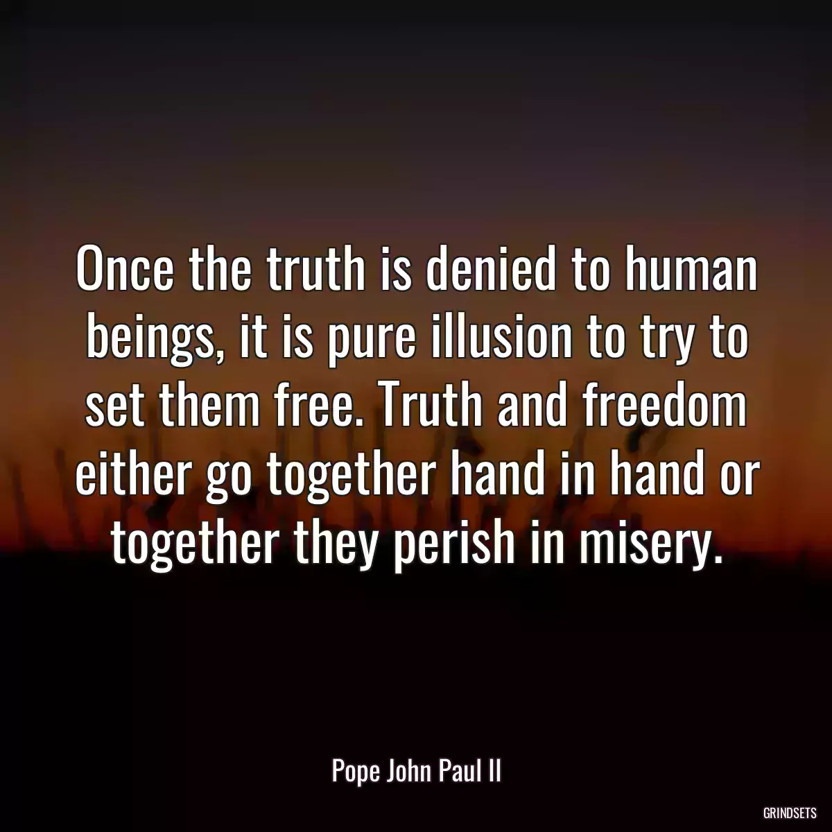 Once the truth is denied to human beings, it is pure illusion to try to set them free. Truth and freedom either go together hand in hand or together they perish in misery.