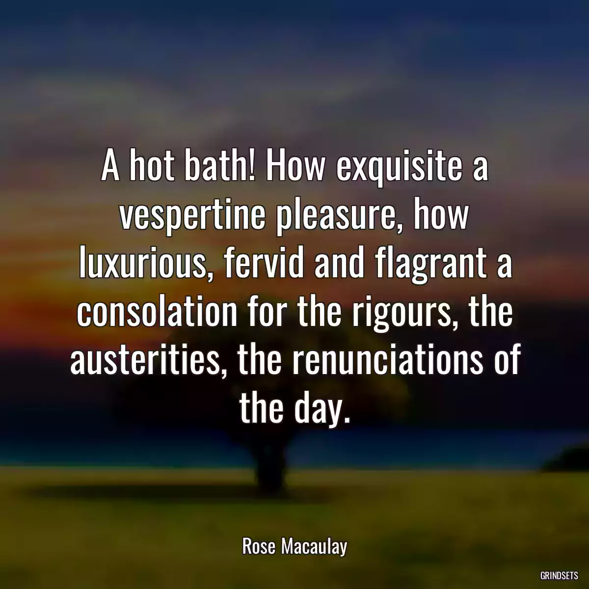 A hot bath! How exquisite a vespertine pleasure, how luxurious, fervid and flagrant a consolation for the rigours, the austerities, the renunciations of the day.