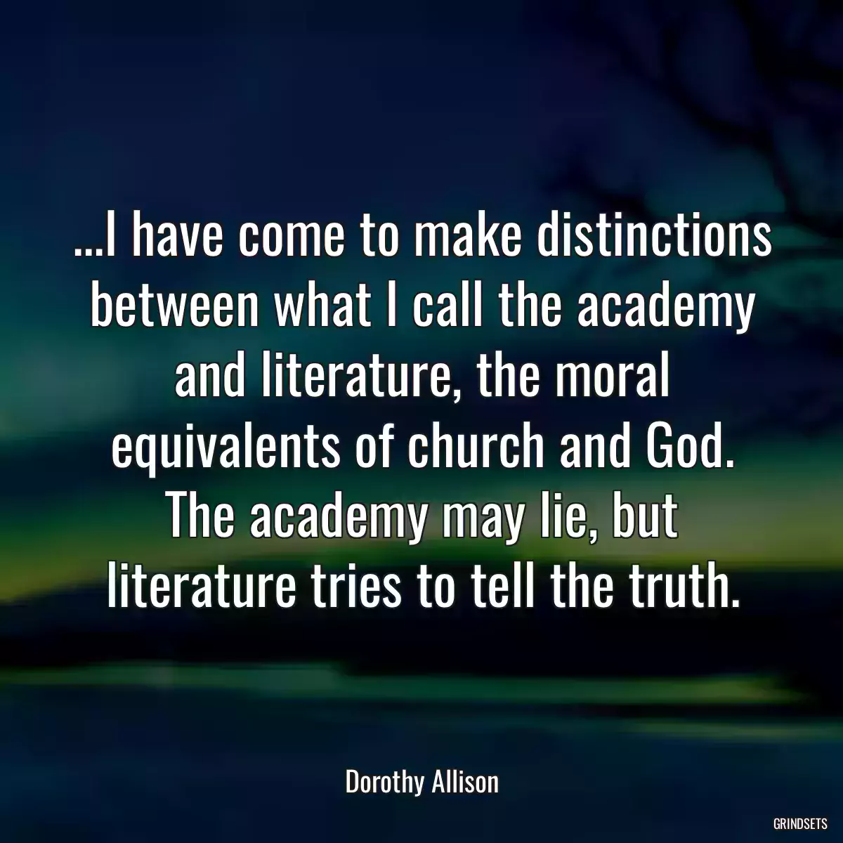 ...I have come to make distinctions between what I call the academy and literature, the moral equivalents of church and God. The academy may lie, but literature tries to tell the truth.