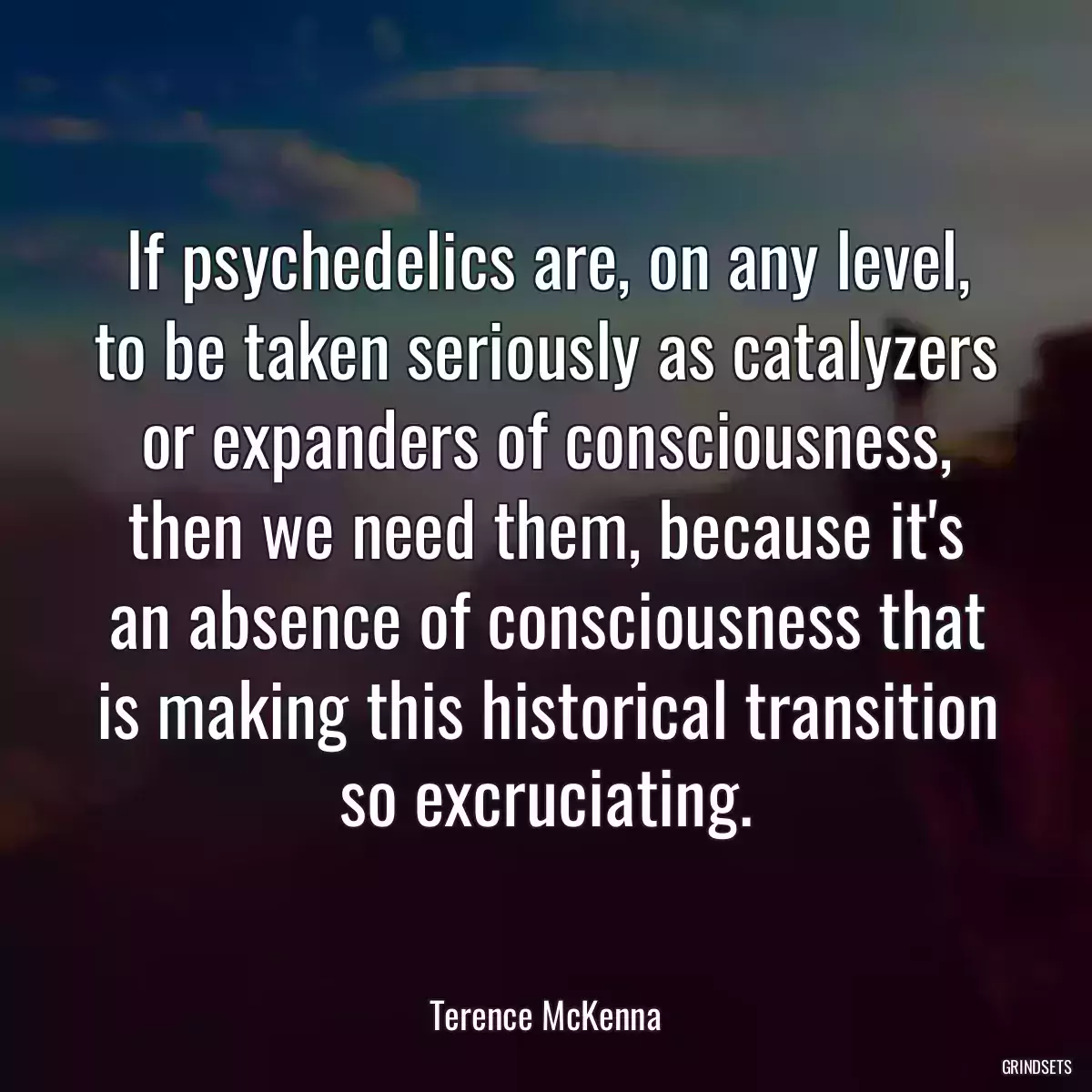 If psychedelics are, on any level, to be taken seriously as catalyzers or expanders of consciousness, then we need them, because it\'s an absence of consciousness that is making this historical transition so excruciating.