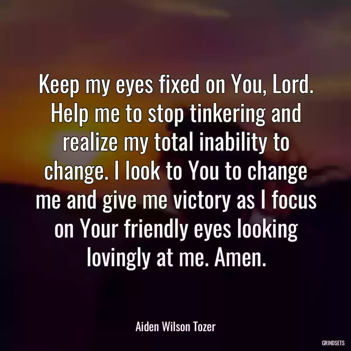 Keep my eyes fixed on You, Lord. Help me to stop tinkering and realize my total inability to change. I look to You to change me and give me victory as I focus on Your friendly eyes looking lovingly at me. Amen.