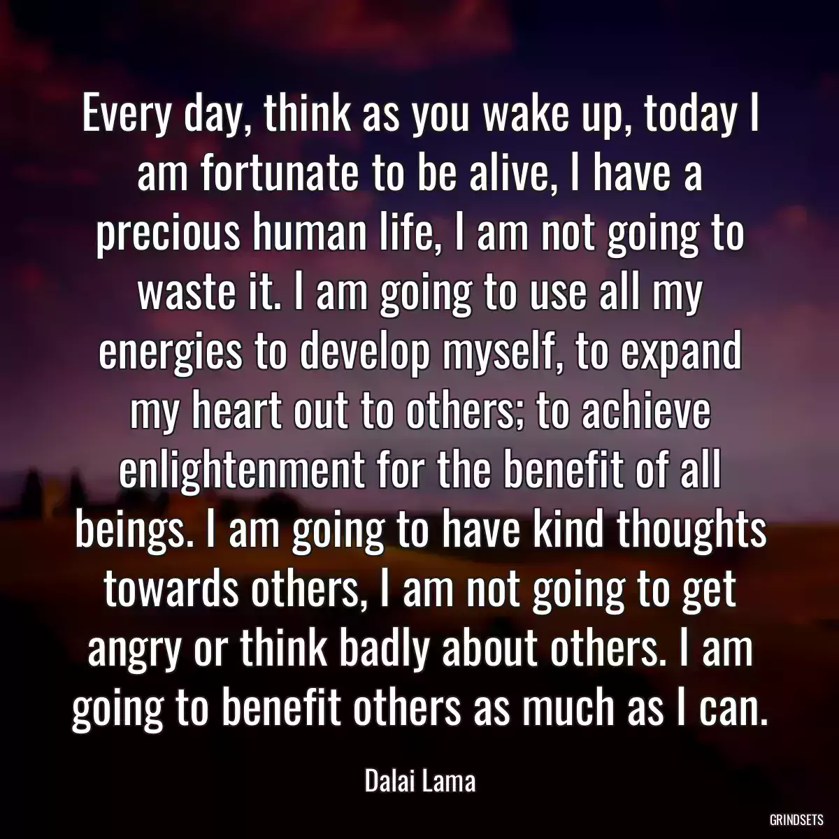 Every day, think as you wake up, today I am fortunate to be alive, I have a precious human life, I am not going to waste it. I am going to use all my energies to develop myself, to expand my heart out to others; to achieve enlightenment for the benefit of all beings. I am going to have kind thoughts towards others, I am not going to get angry or think badly about others. I am going to benefit others as much as I can.