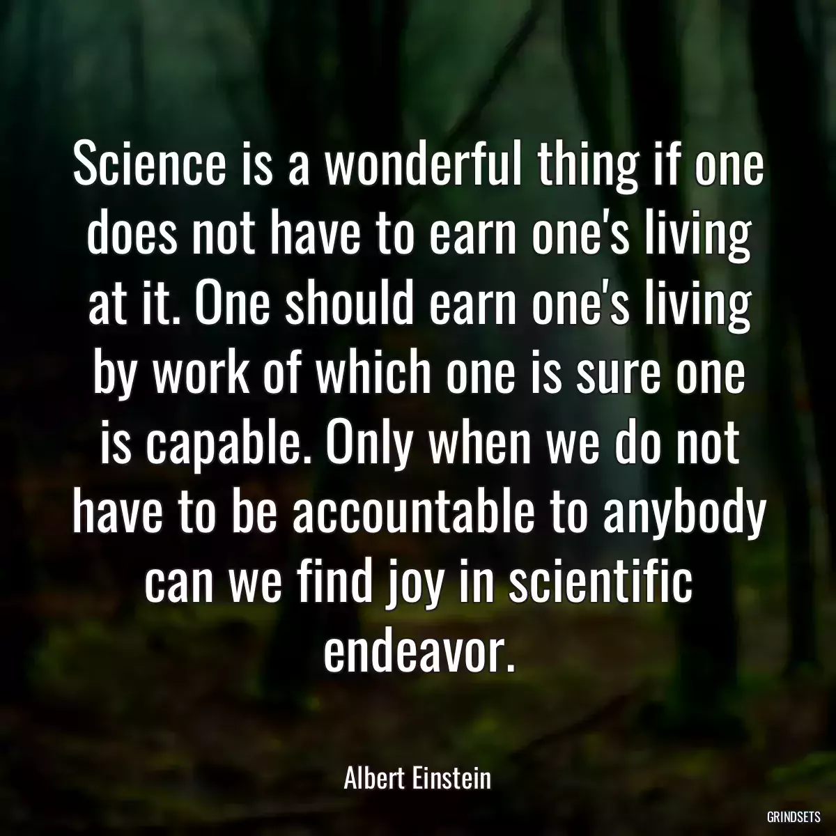 Science is a wonderful thing if one does not have to earn one\'s living at it. One should earn one\'s living by work of which one is sure one is capable. Only when we do not have to be accountable to anybody can we find joy in scientific endeavor.