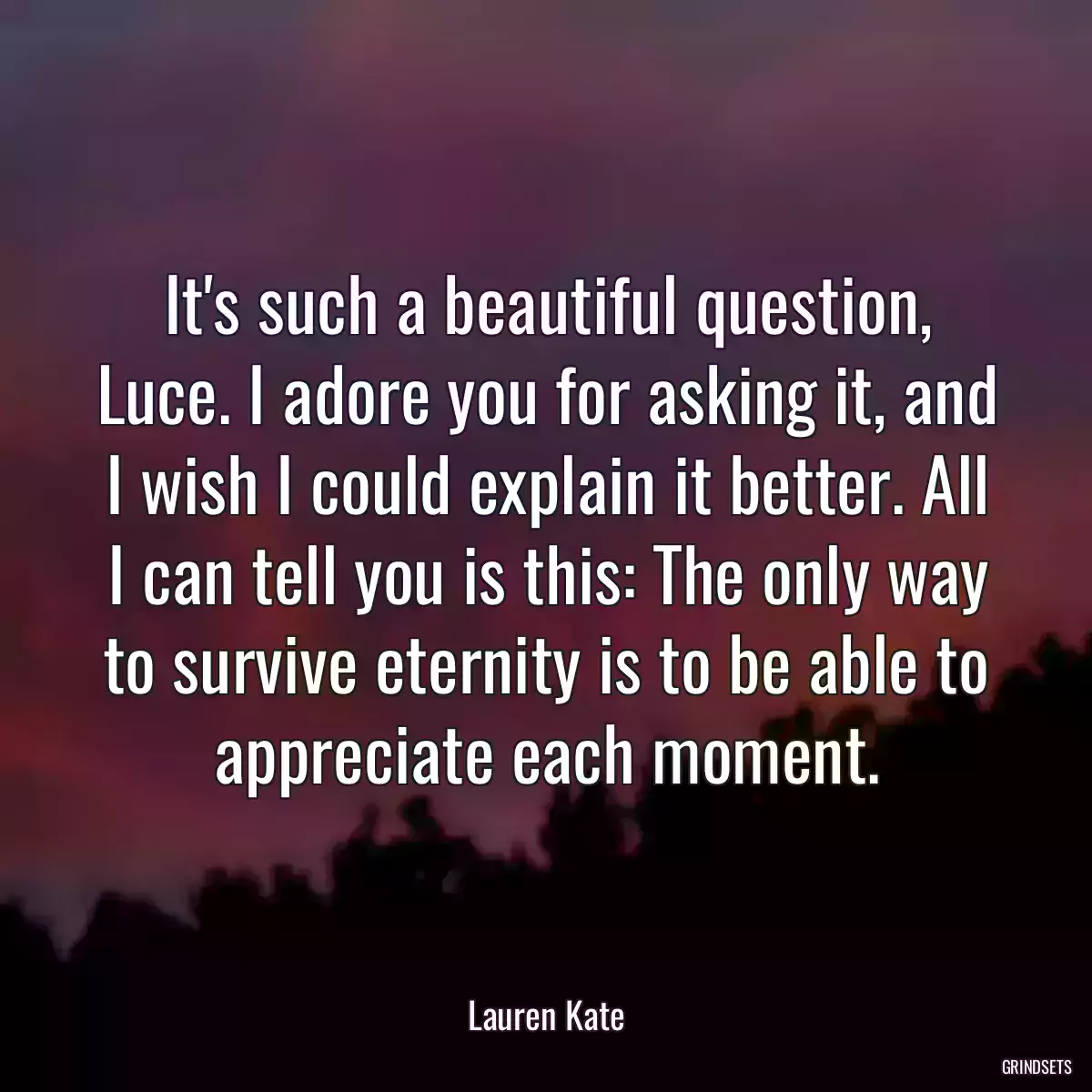 It\'s such a beautiful question, Luce. I adore you for asking it, and I wish I could explain it better. All I can tell you is this: The only way to survive eternity is to be able to appreciate each moment.