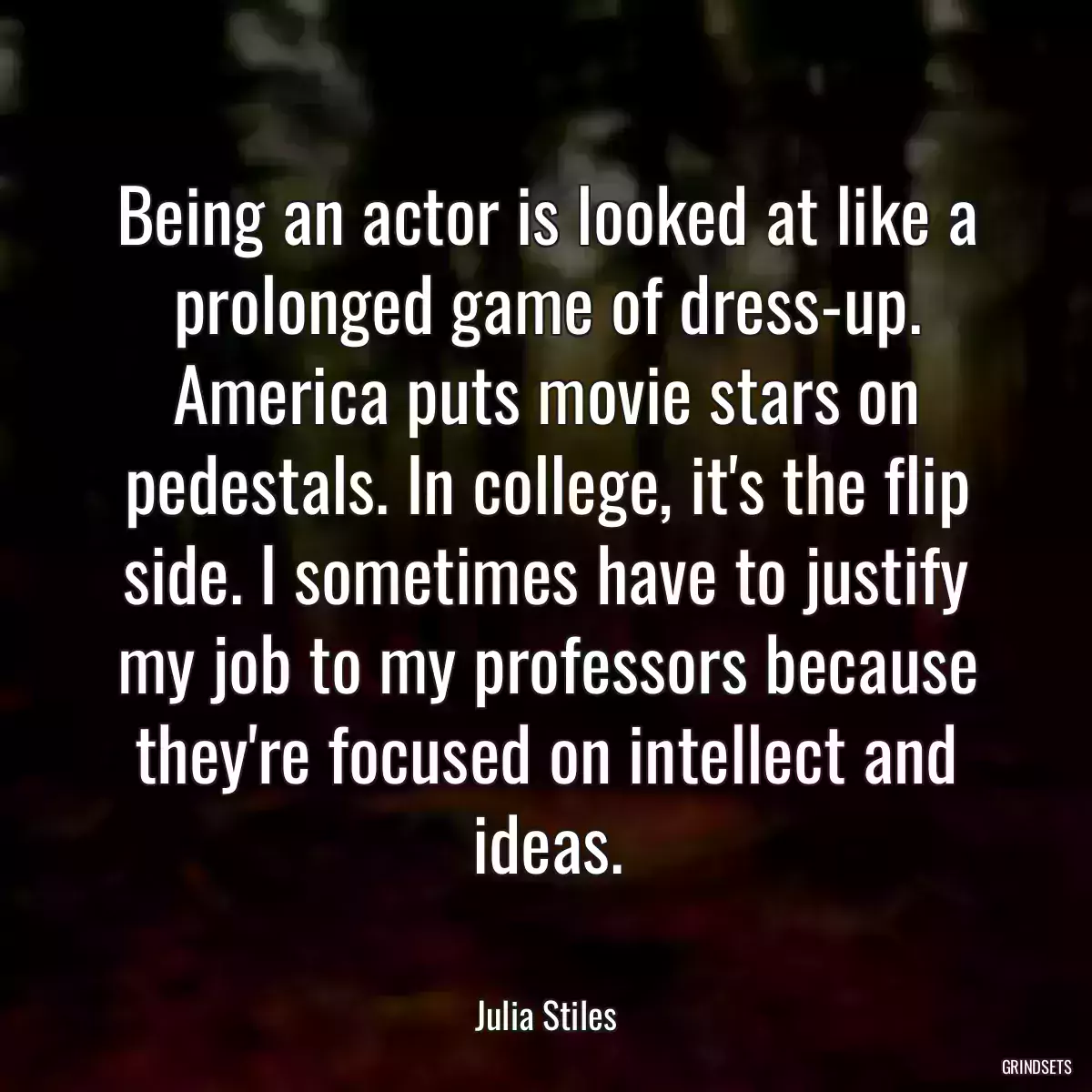 Being an actor is looked at like a prolonged game of dress-up. America puts movie stars on pedestals. In college, it\'s the flip side. I sometimes have to justify my job to my professors because they\'re focused on intellect and ideas.